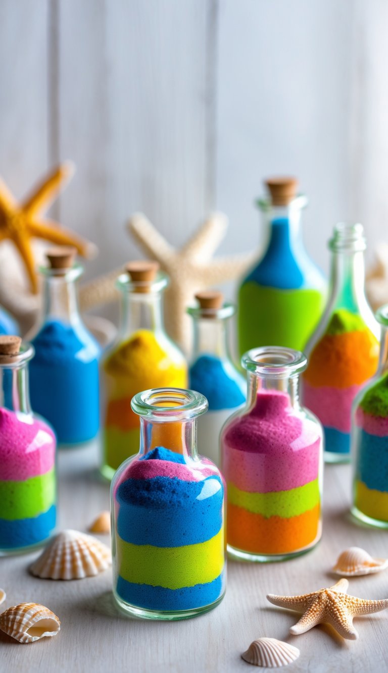 Glass bottles filled with colorful layered sand arranged on a wooden surface with seashells and beach craft materials nearby.