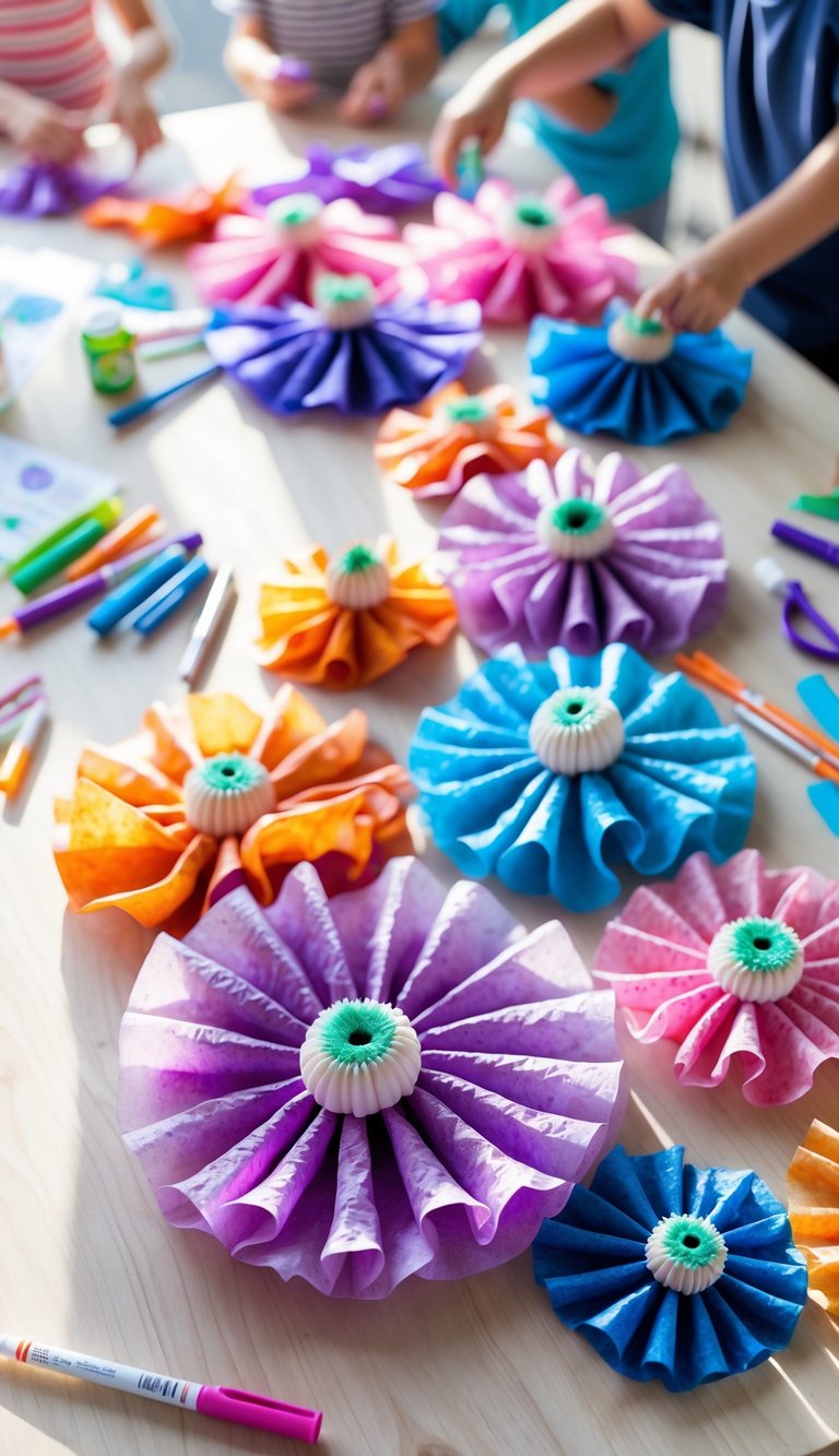 Colorful coffee filter sea anemone crafts on a table with art supplies and children’s hands working on them.