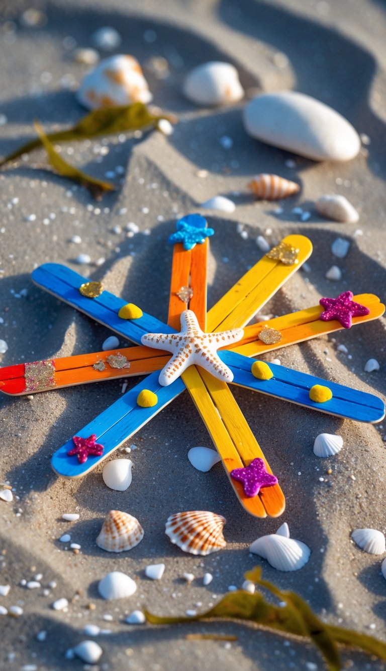 A colorful starfish made from painted popsicle sticks lying on sand with seashells and pebbles around it.