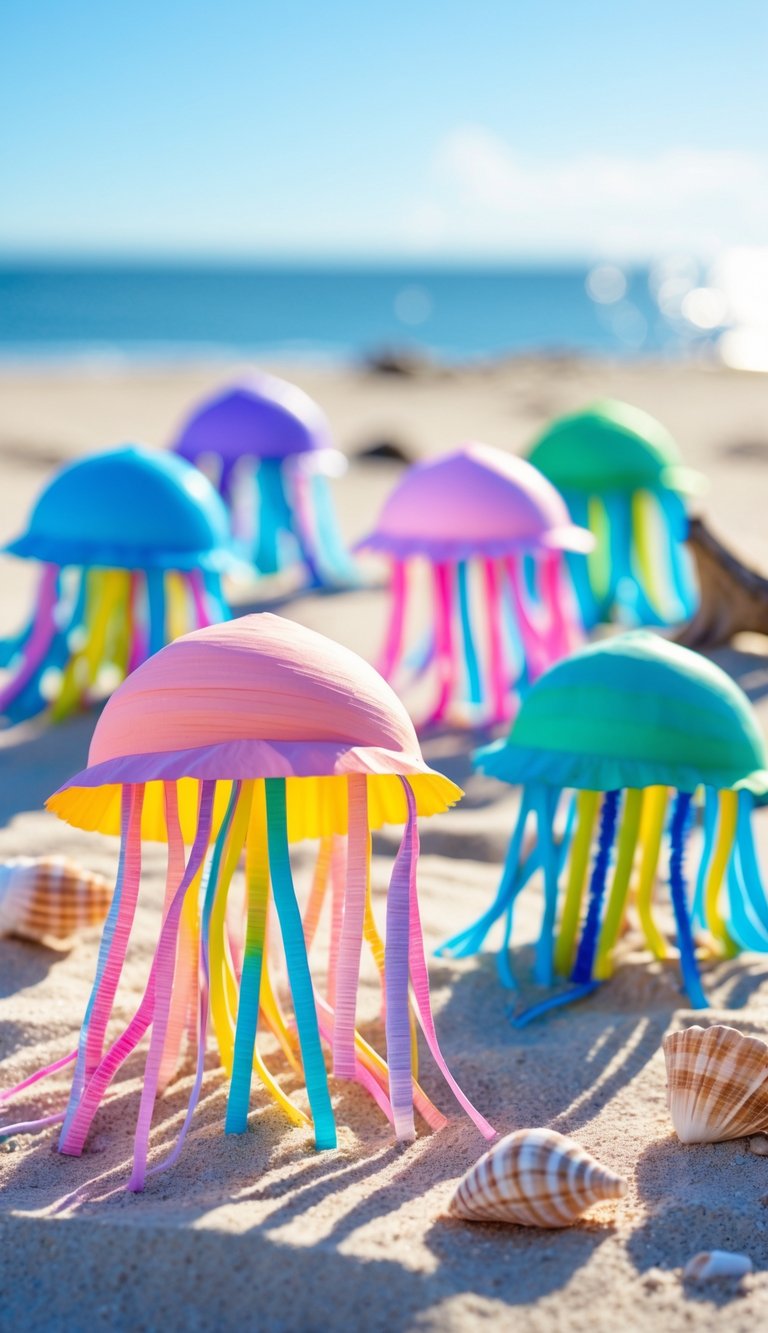 Colorful paper straw jellyfish crafts arranged on sandy beach with seashells and ocean in the background.