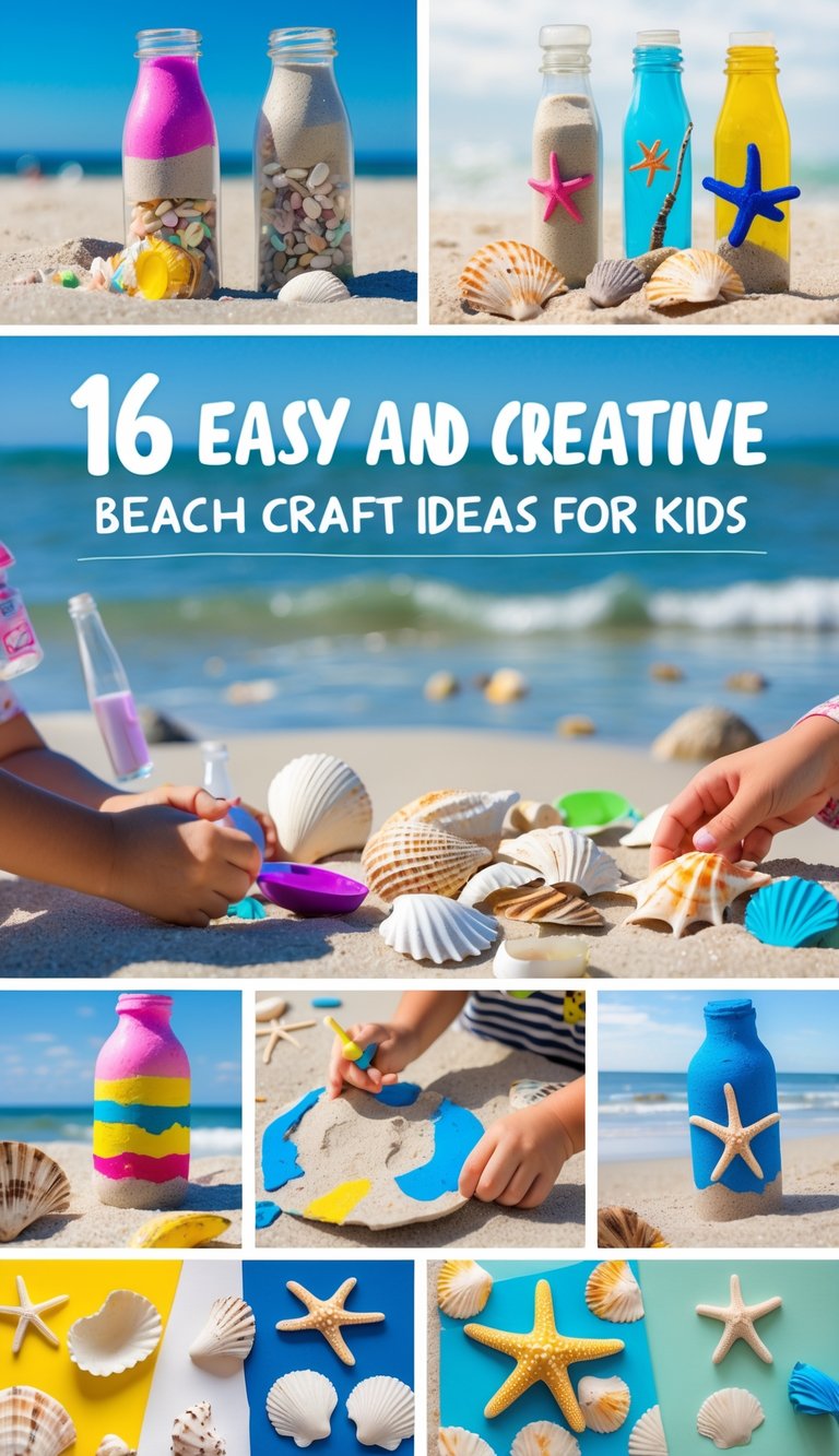 A bright beach scene with children’s hands creating various colorful crafts using seashells, driftwood, and sand on the sandy shore near the ocean.
