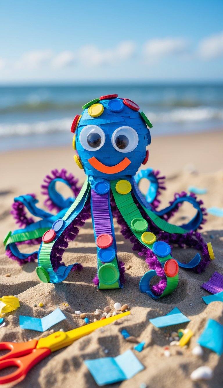 A handmade octopus craft made from recycled materials sitting on sand at the beach with crafting supplies nearby and the ocean in the background.