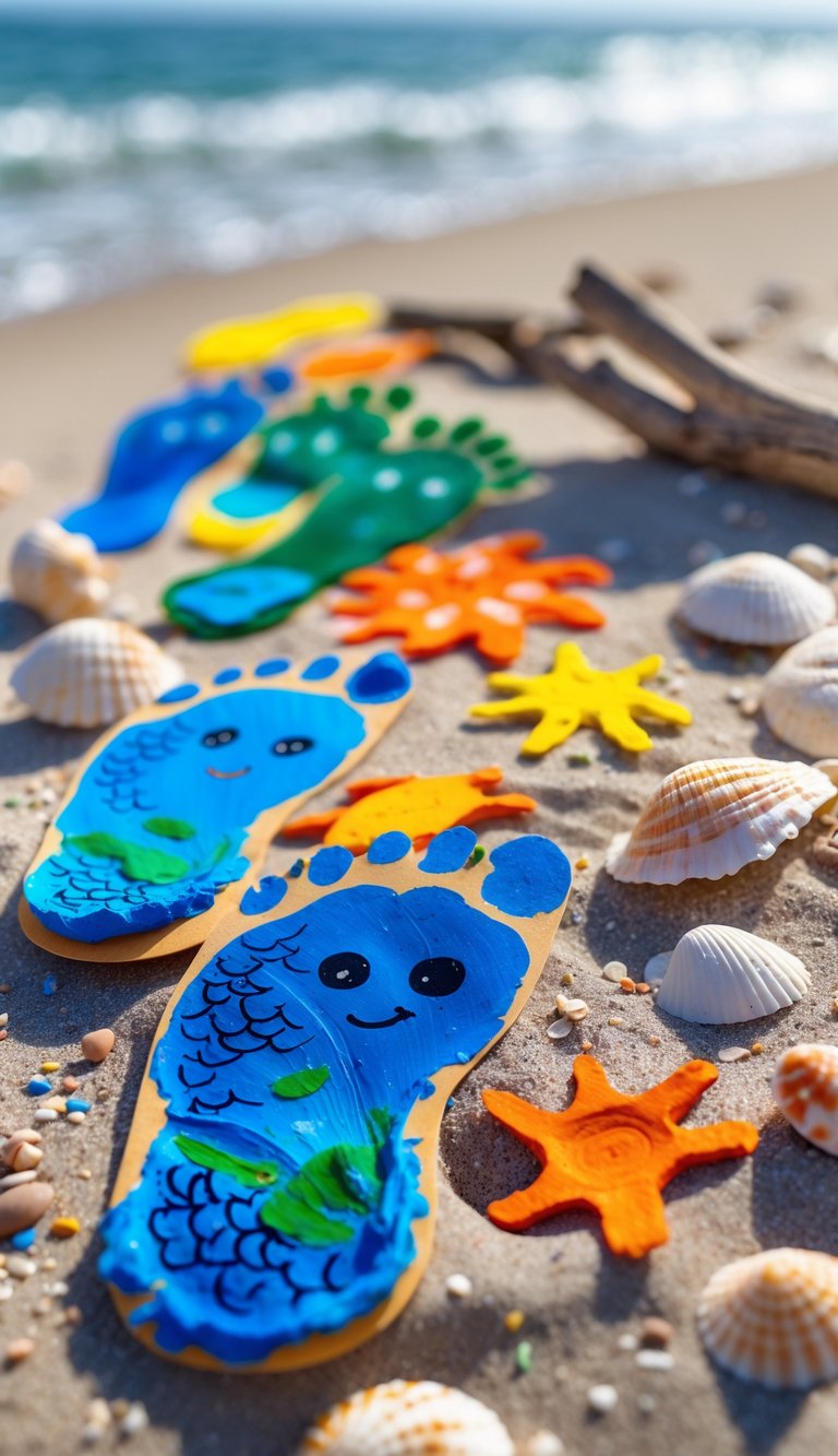 Colorful footprint fish crafts made by children arranged on sand with seashells and beach elements, with ocean waves in the background.