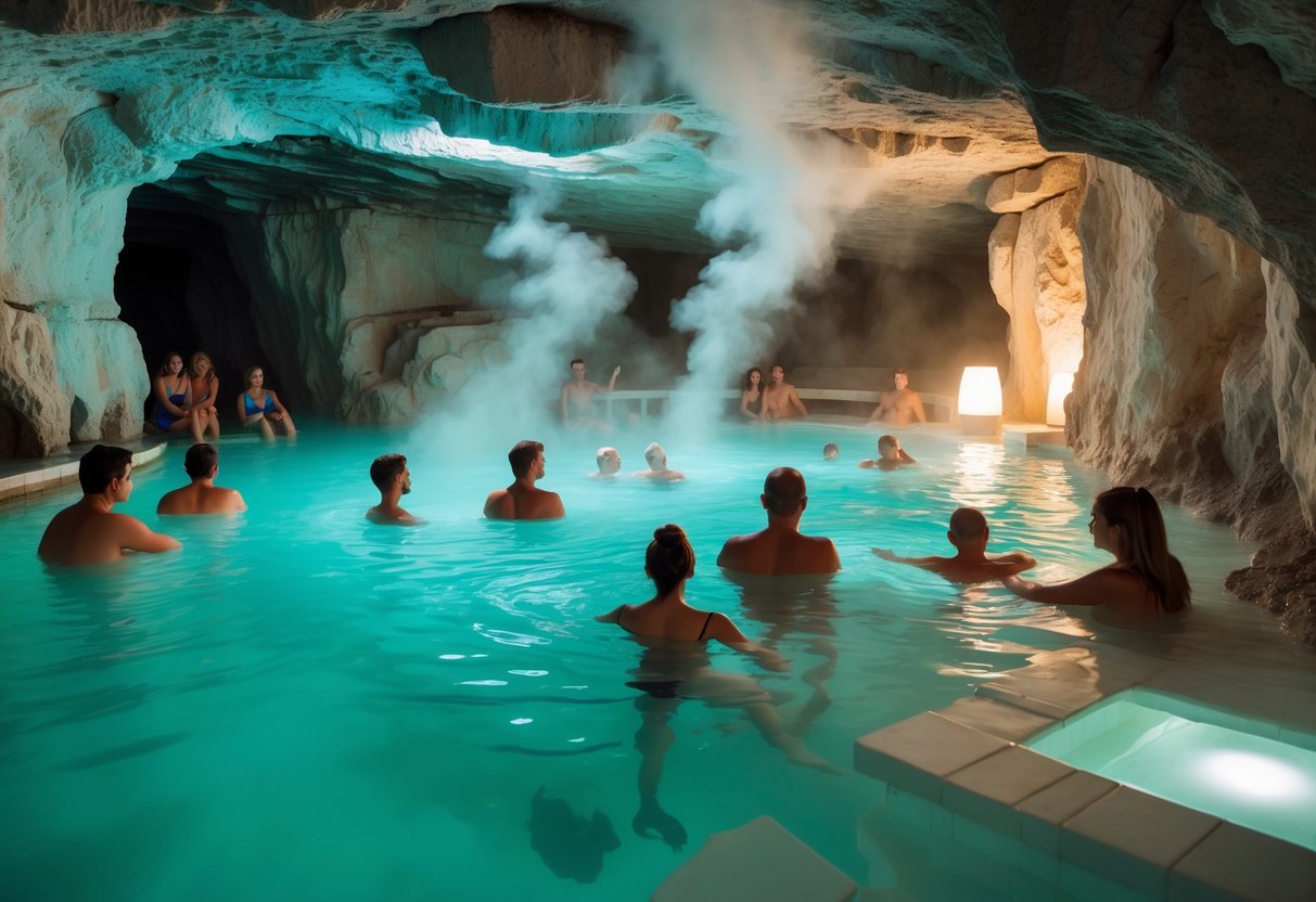 Visitors relaxing in warm thermal water inside a naturally lit cave with rocky walls at the Cave Bath in Miskolctapolca, Hungary.