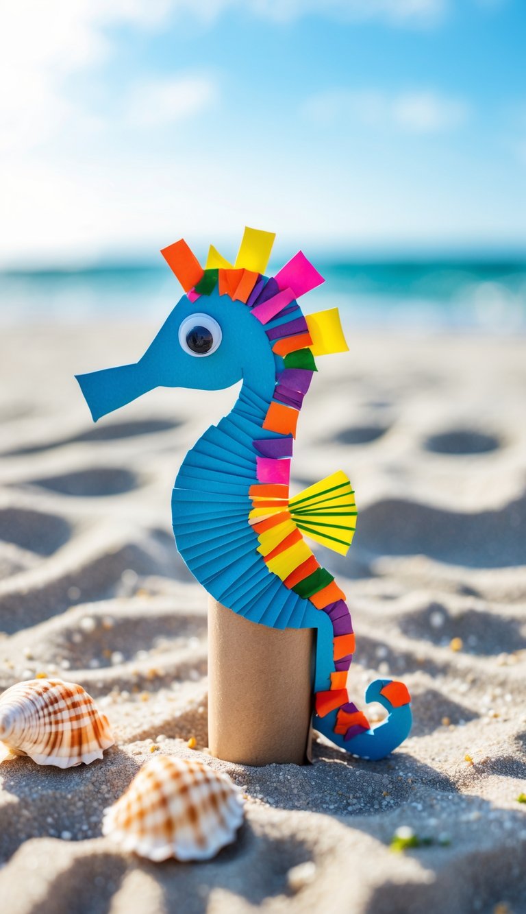 A colorful paper roll seahorse craft sitting on sand with seashells and a blurred beach background.