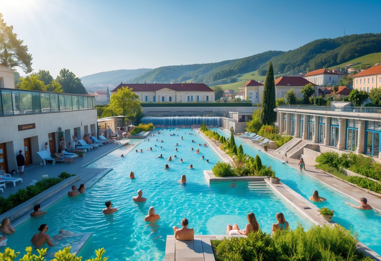 People enjoying the thermal bath complex in Gyula, Hungary, with pools, greenery, and traditional buildings in the background.
