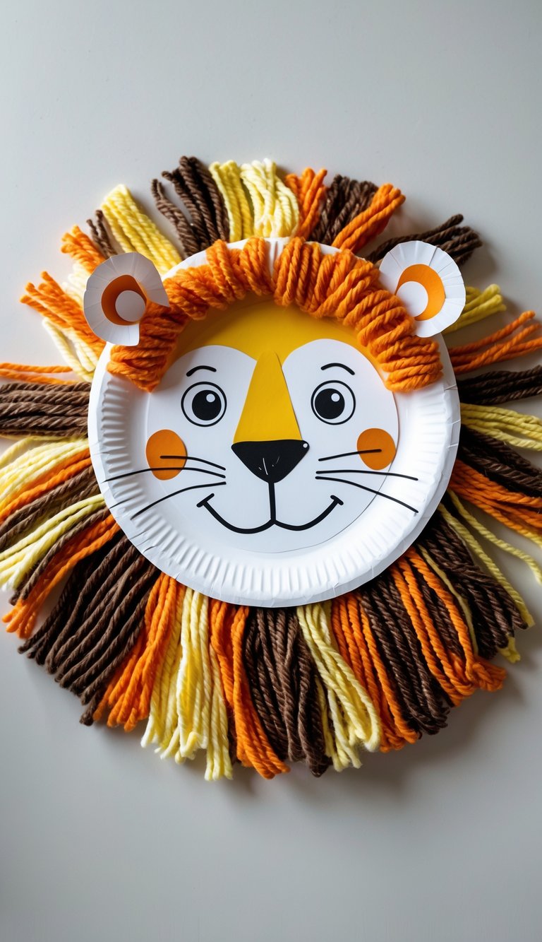 A paper plate lion craft with a colorful yarn mane displayed on a plain background.
