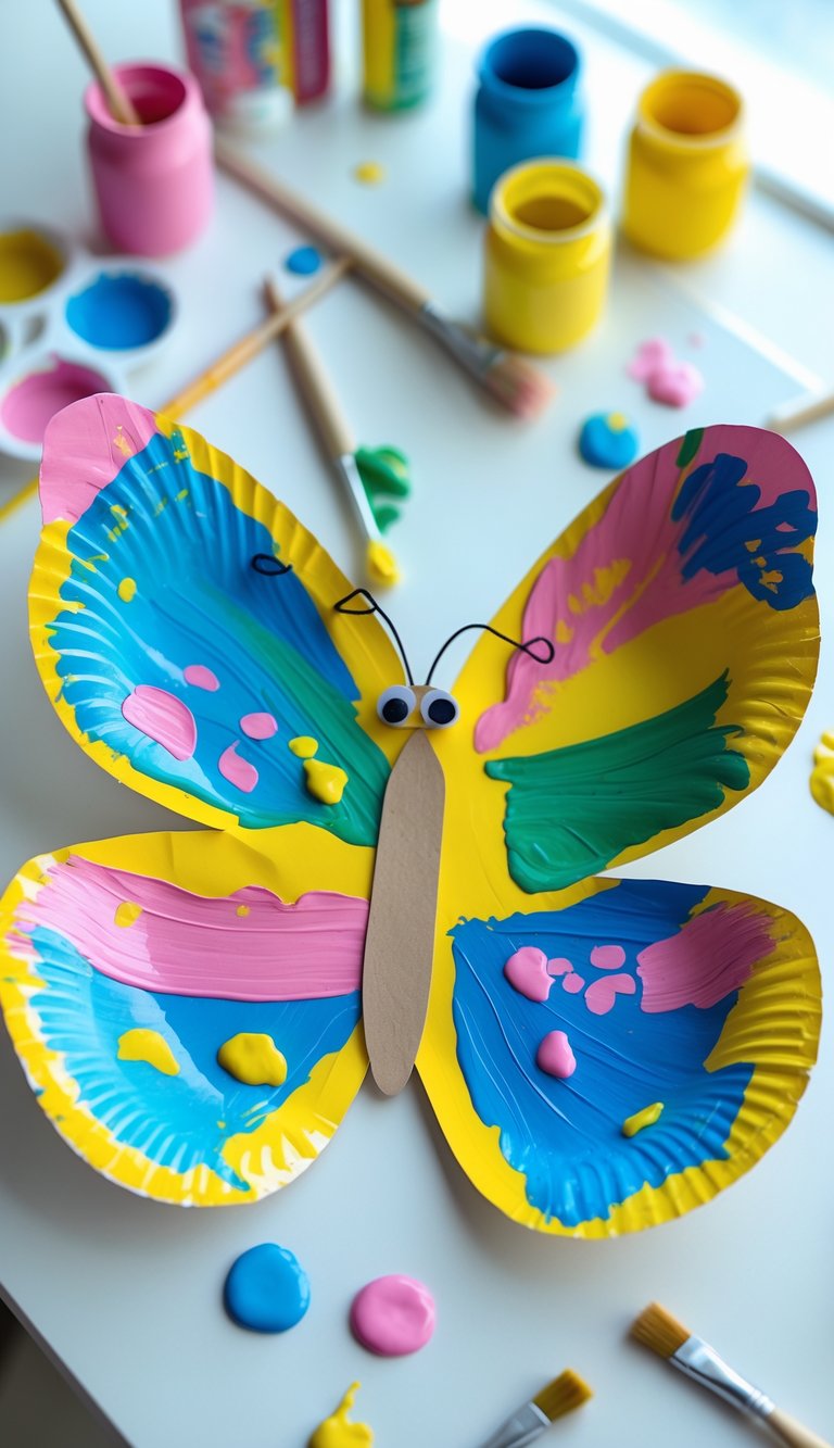 A colorful paper plate butterfly craft painted with bright colors, surrounded by paintbrushes and jars of paint on a white surface.