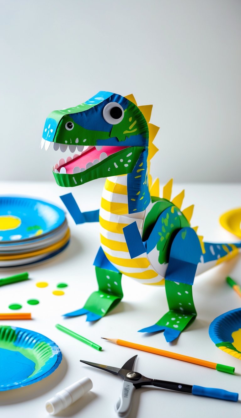 A colorful paper plate dinosaur puppet surrounded by craft supplies on a white surface.