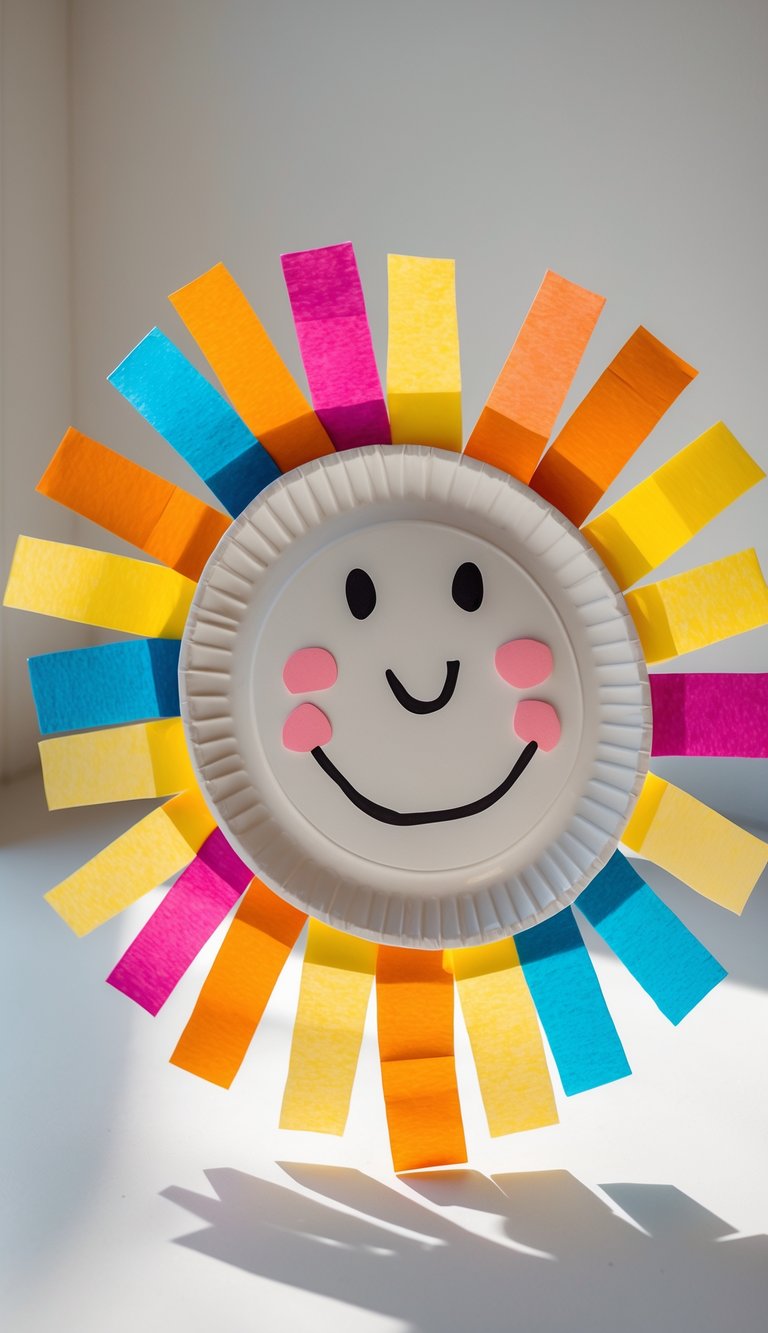 A handmade sun craft made from a paper plate and colorful tissue paper rays on a plain background.