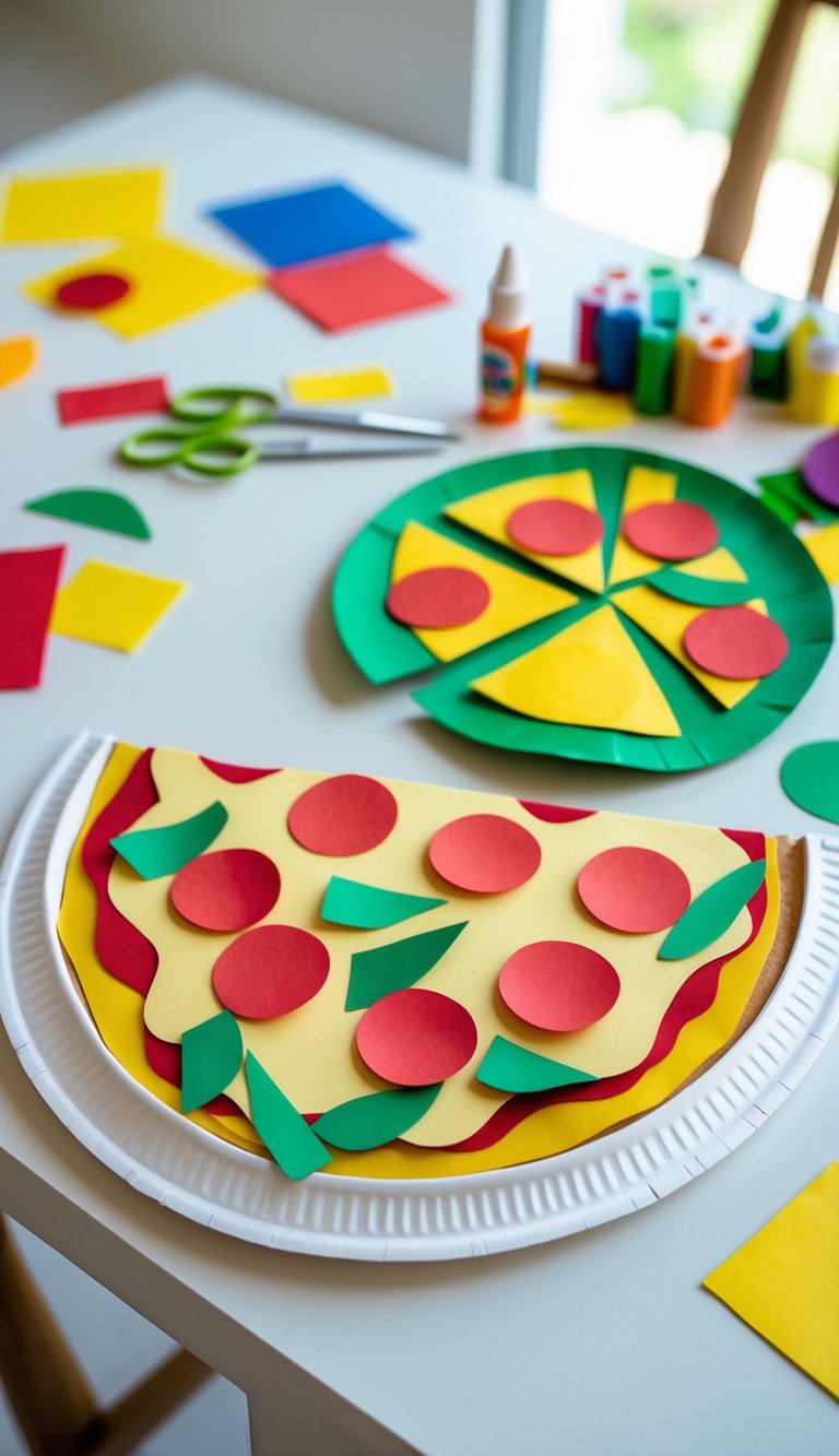 A colorful paper plate pizza slice craft with various paper toppings on a craft table surrounded by art supplies.