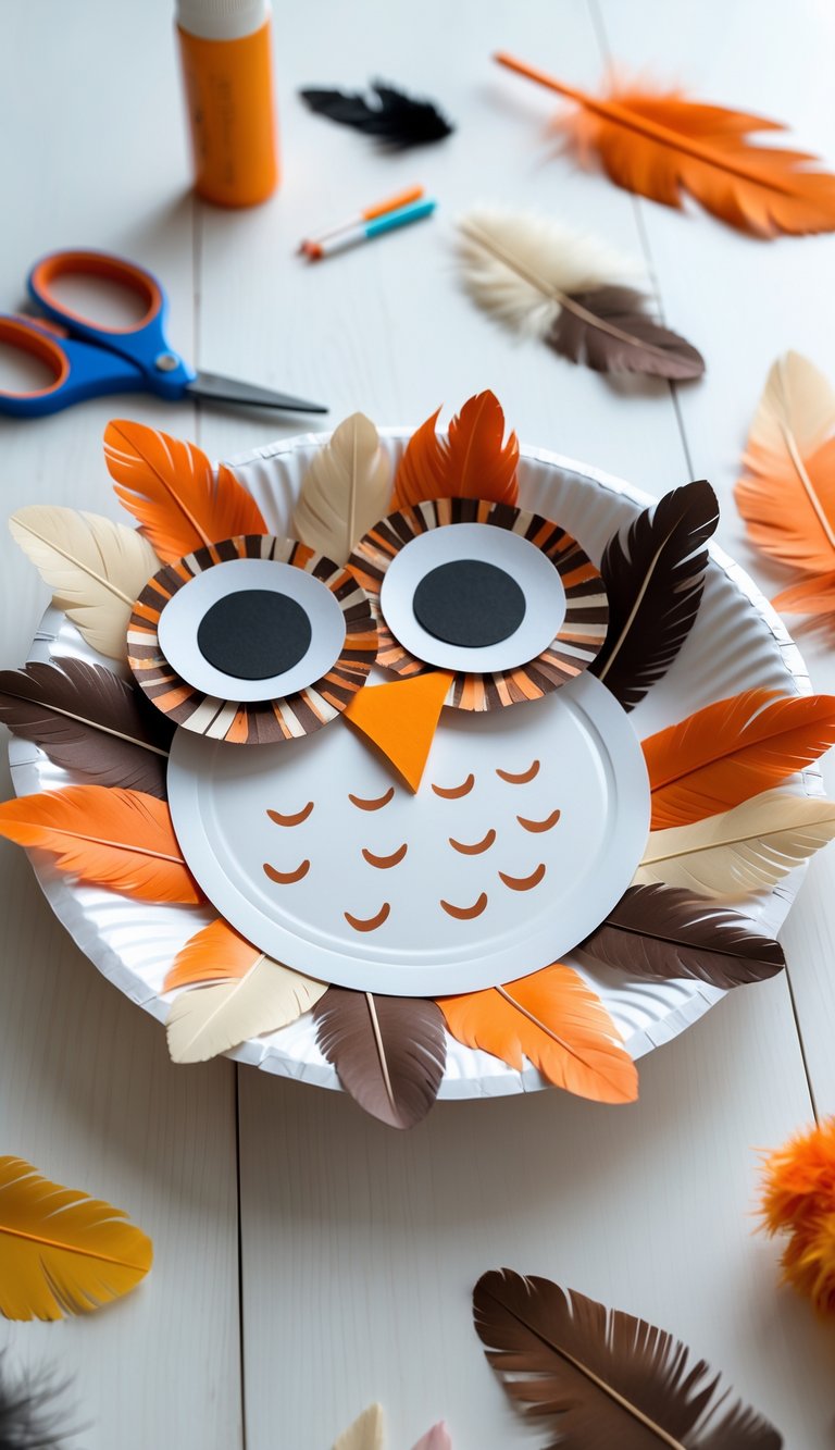 A colorful paper plate owl craft decorated with feathers and paper eyes on a wooden table with crafting supplies around.