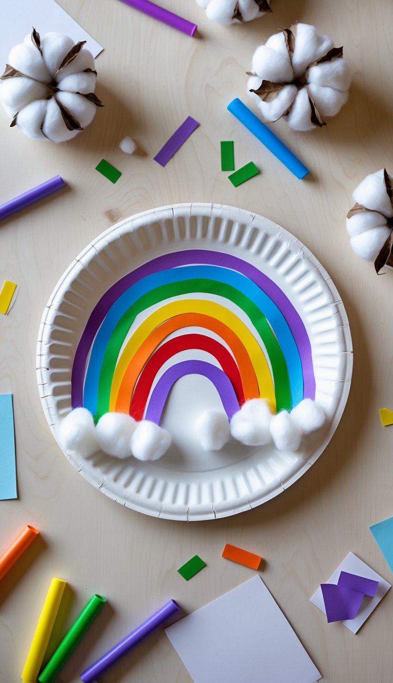 A colorful paper plate rainbow craft decorated with cotton balls on a wooden table surrounded by craft supplies.