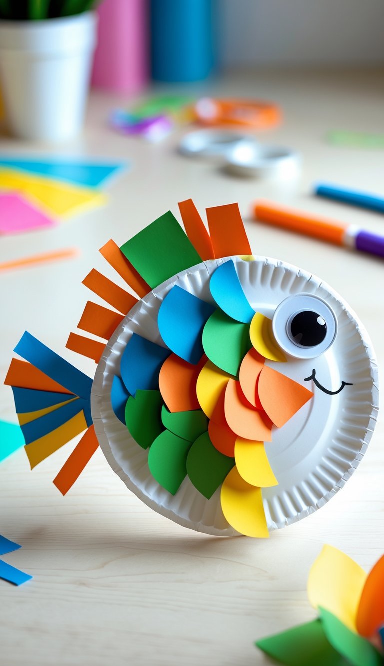 A colorful paper plate fish craft with layered scales made from cut-out paper pieces, placed on a wooden table with scattered craft supplies.