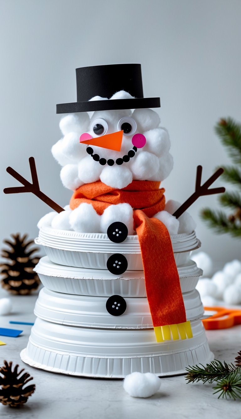 A paper plate snowman decorated with cotton balls, colorful paper features, and a red scarf surrounded by craft supplies.
