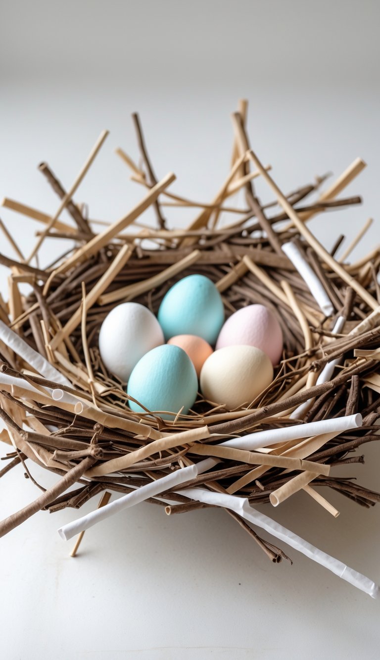 A paper plate bird nest craft with several colorful paper eggs arranged inside on a neutral background.