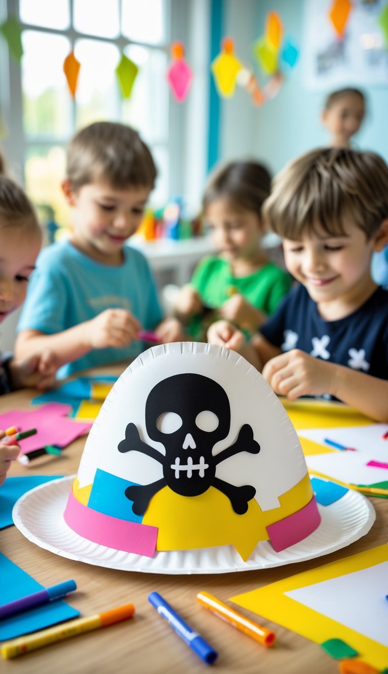 Children making colorful paper plate pirate hats at a table with craft supplies.