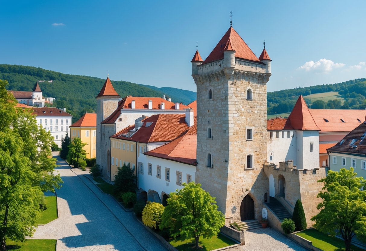 View of Sárospatak Castle and surrounding historic buildings in a northern Hungarian town with greenery and hills in the background.