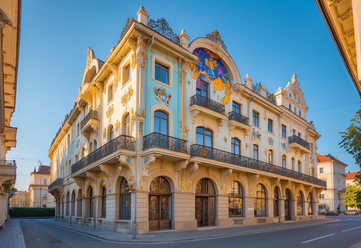 A detailed view of an ornate historic building with colorful windows and decorative balconies under a clear sky.