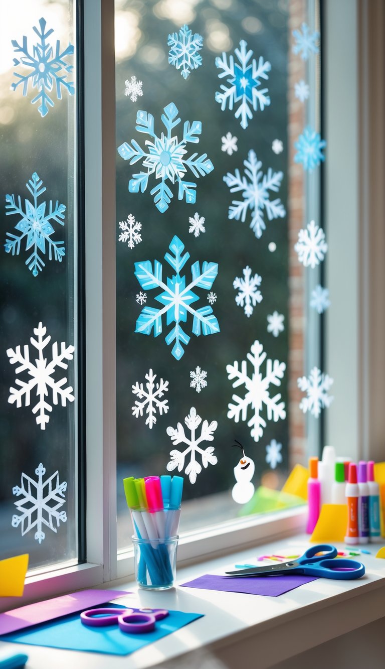 A window decorated with colorful Frozen-themed snowflake clings surrounded by children's craft supplies in a cozy room.