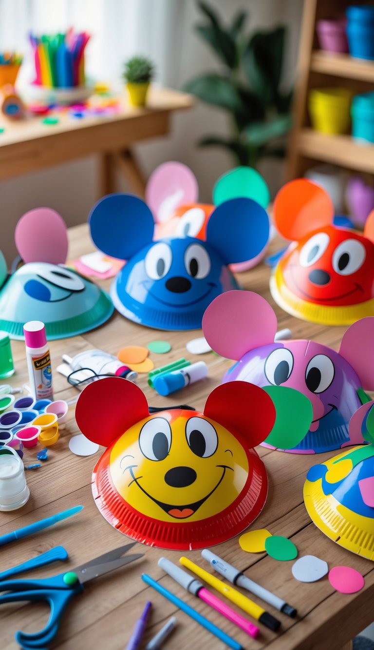 A table with several colorful Mickey Mouse paper plate masks and crafting supplies arranged for a kids' craft project.