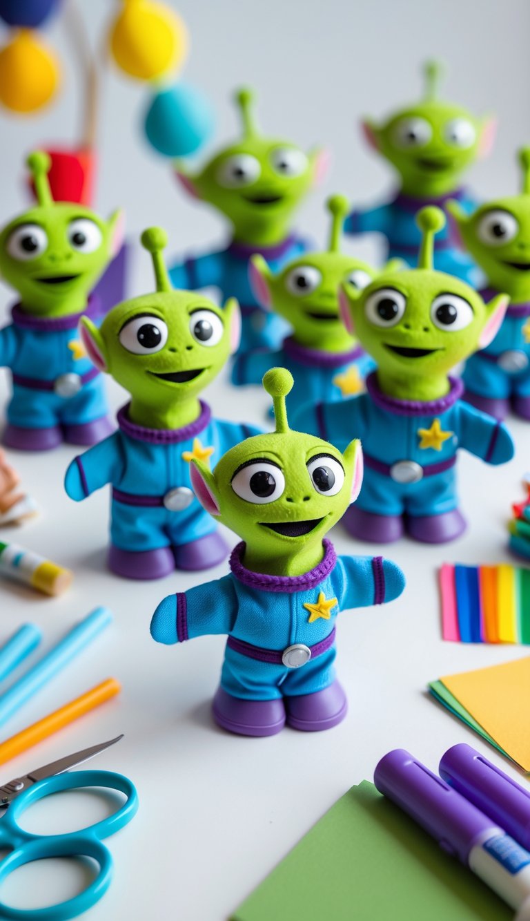 A collection of Toy Story Alien finger puppets arranged with craft supplies on a white surface.