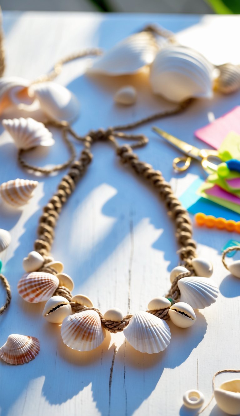 A handmade shell necklace with beads and crafting supplies on a wooden table.