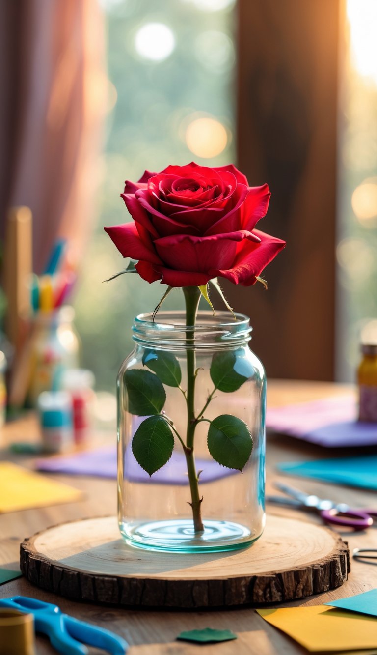 A red rose inside a clear glass jar on a wooden table surrounded by craft supplies.
