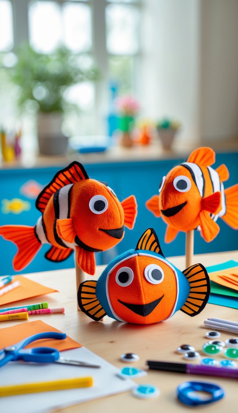 A collection of colorful fish puppets inspired by Finding Nemo arranged on a table with craft supplies around them.