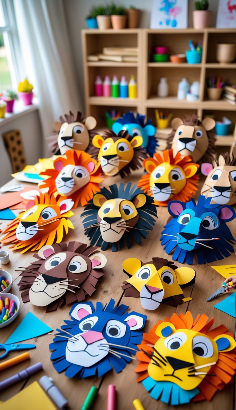 A collection of colorful Lion King animal masks and craft supplies arranged on a wooden table in a children's craft room.