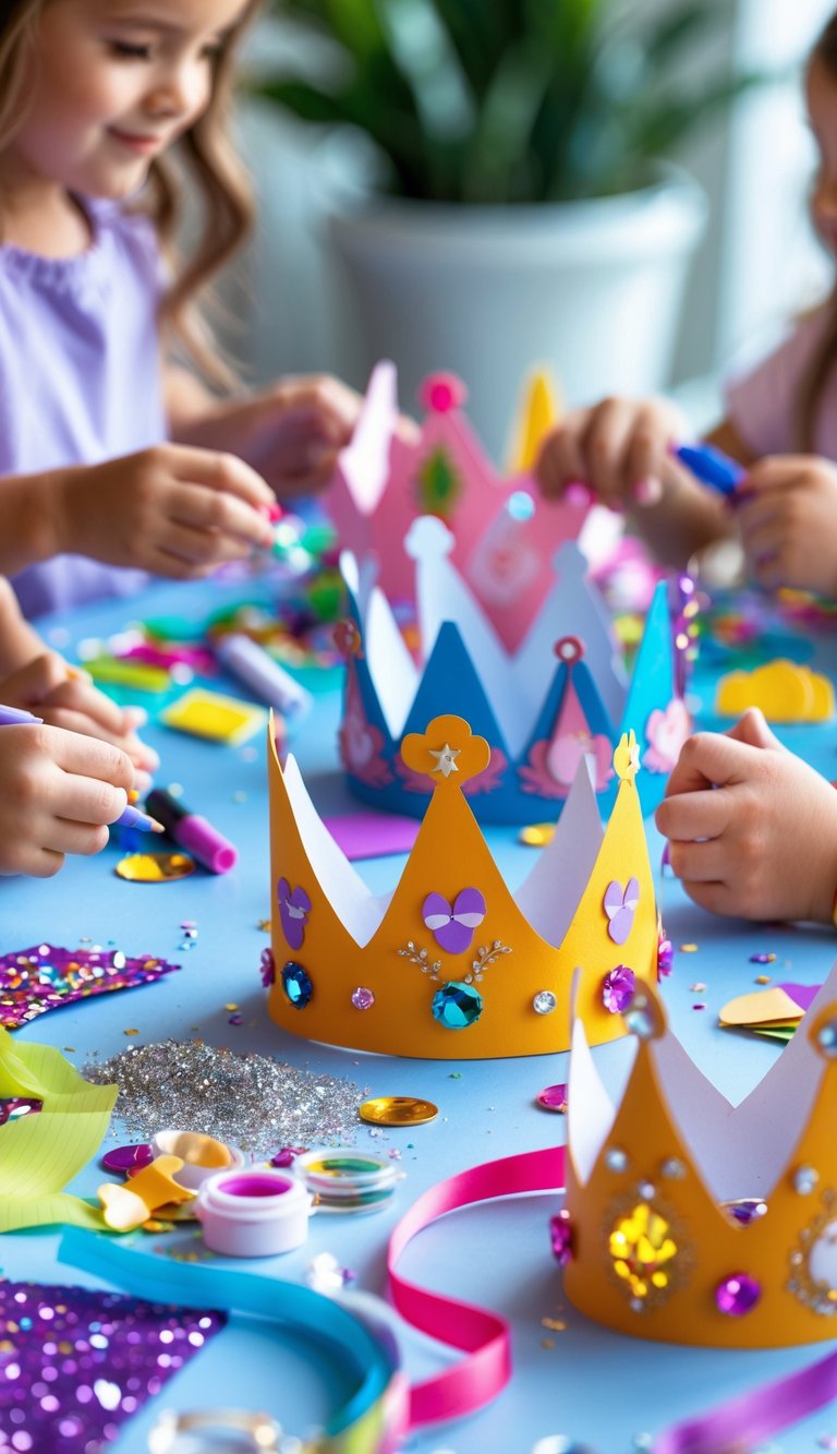 Children decorating colorful paper crowns with craft supplies on a bright table.