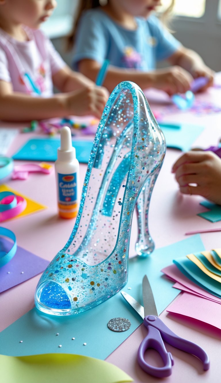 A glass slipper craft project on a table surrounded by colorful craft supplies and children’s hands working on Disney-themed crafts.