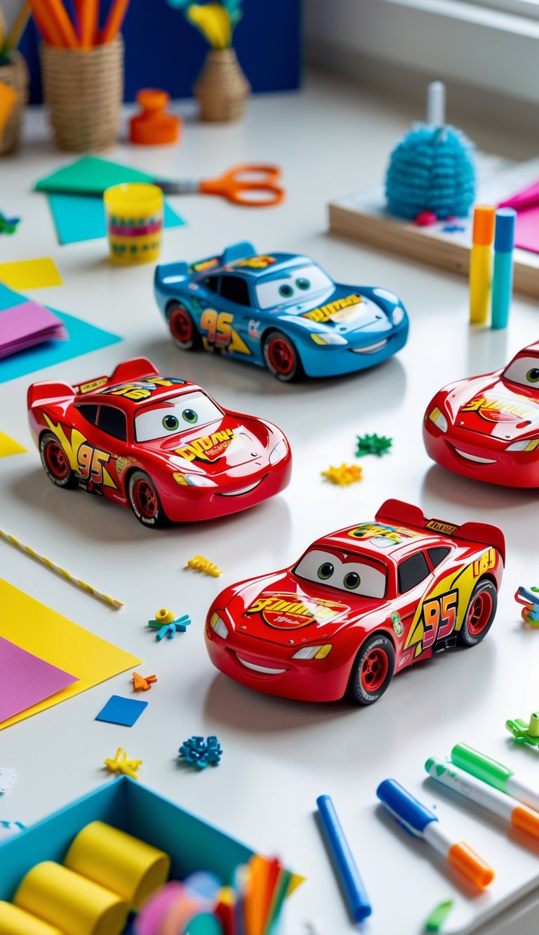 A collection of colorful race car toys arranged with children's craft supplies on a bright surface.