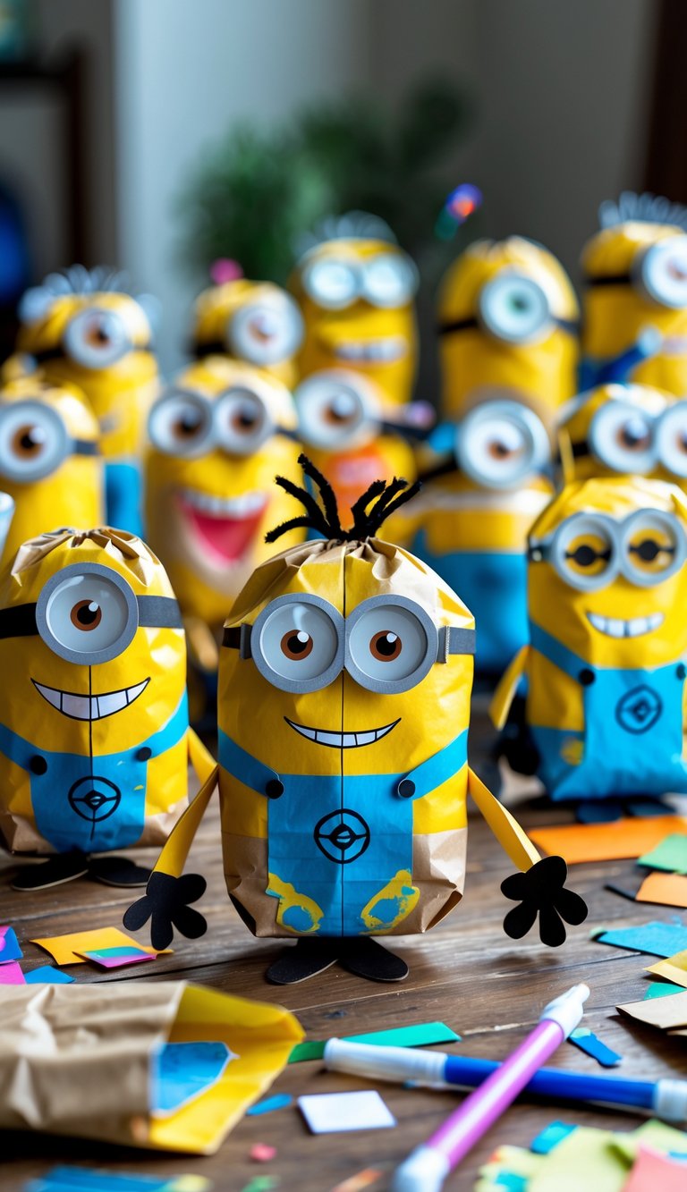 A collection of colorful Minions paper bag puppets arranged on a table with craft supplies nearby.