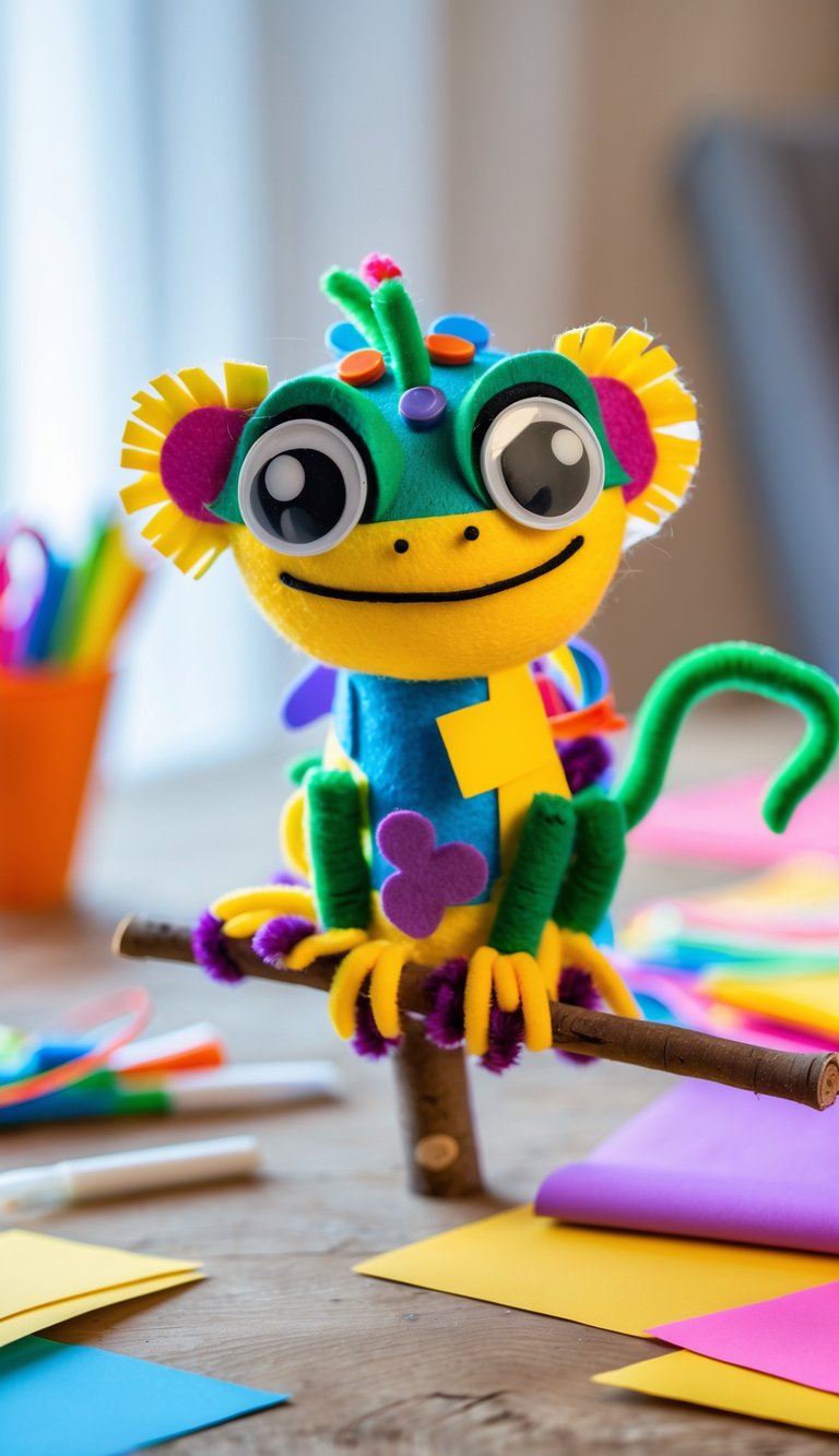 A handmade colorful Pascal the chameleon craft made from various materials on a table with craft supplies around it.