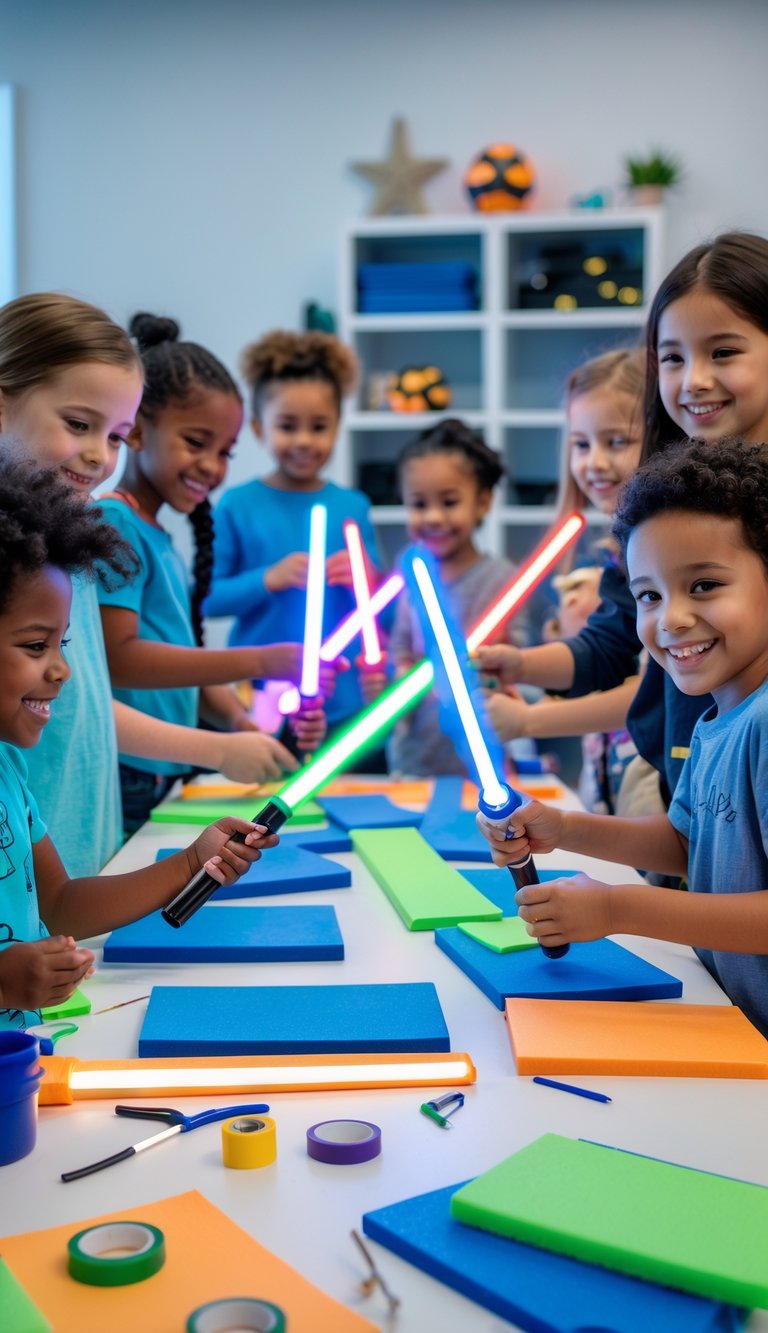 Children making and playing with colorful foam lightsaber swords around a table filled with craft supplies.