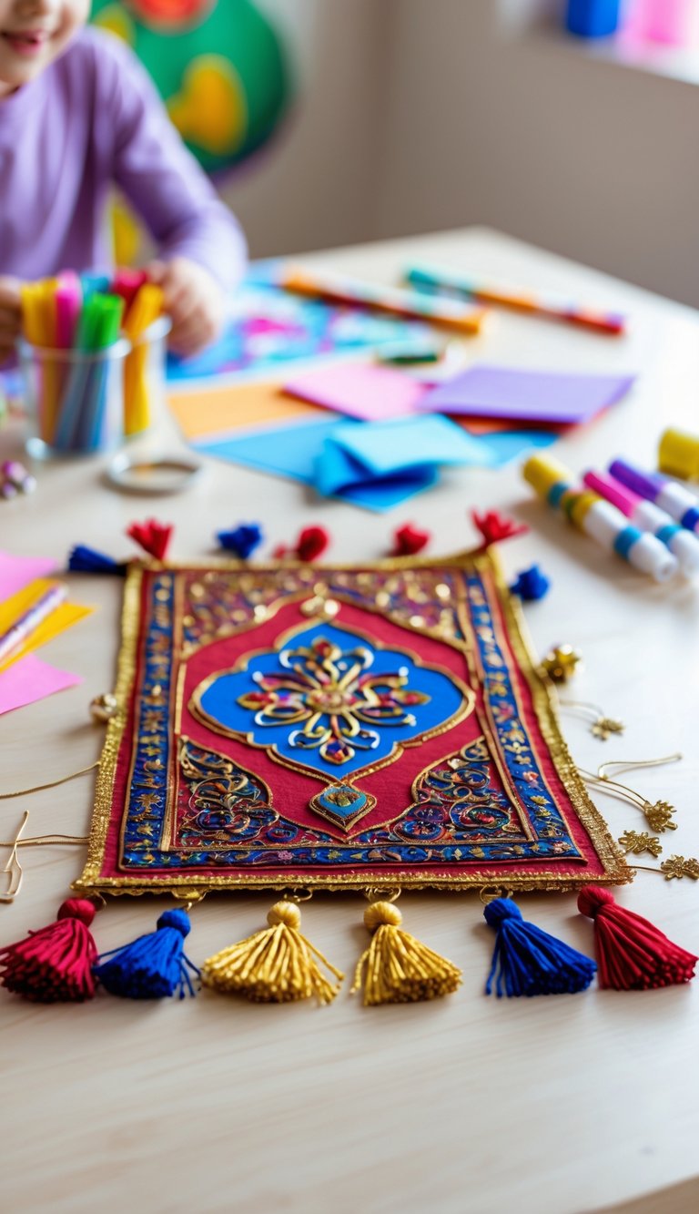 A colorful handmade magic carpet craft on a table surrounded by children's crafting materials.