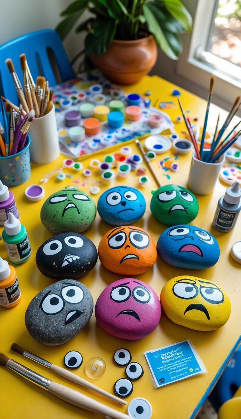 A collection of painted rocks representing different emotions from Inside Out, displayed on a table with paintbrushes and craft supplies around them.