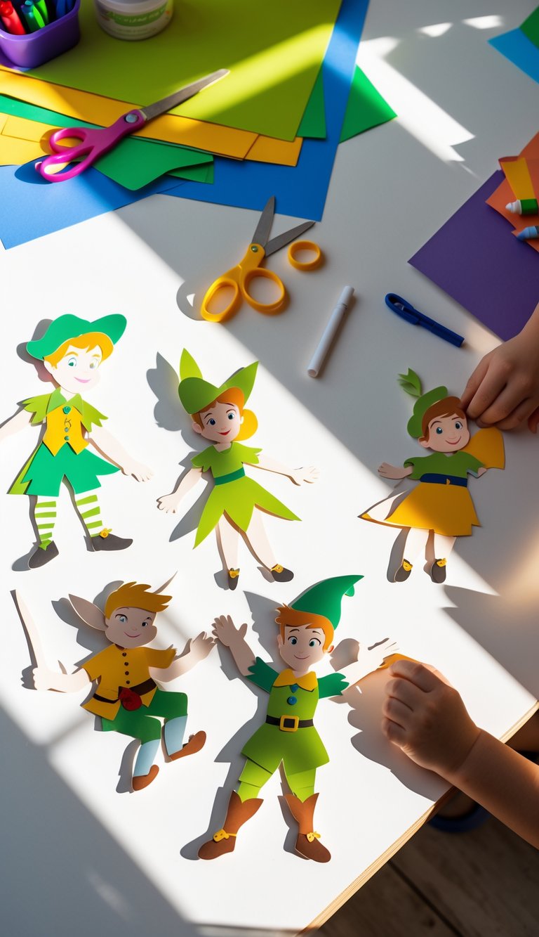 Children's hands holding Peter Pan shadow puppets casting shadows on a white background with craft materials nearby.