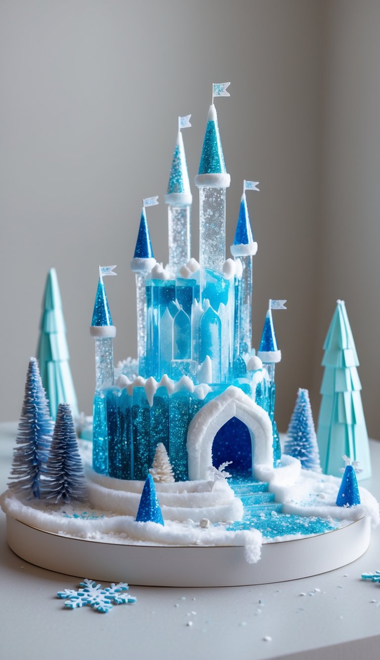 A miniature ice castle diorama with snowflake decorations and frosty trees on a neutral background.
