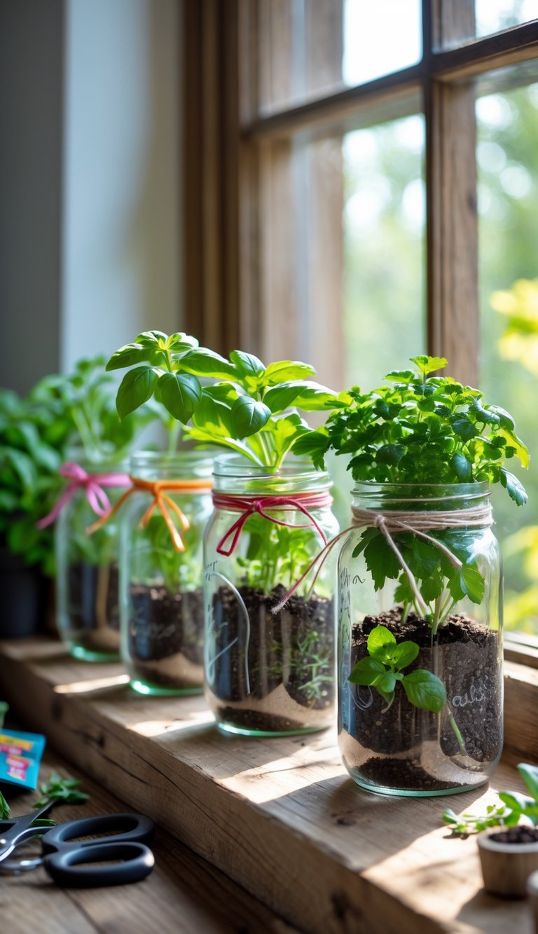 A windowsill with several glass mason jars filled with soil and green herbs, decorated with ribbons and twine, illuminated by natural light.