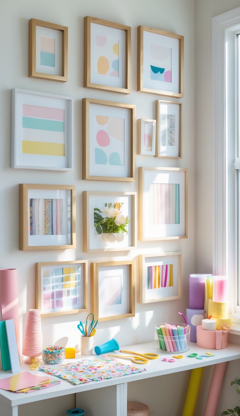 A gallery wall with multiple photo frames arranged neatly, surrounded by craft supplies like paper, scissors, and ribbons on a table nearby.