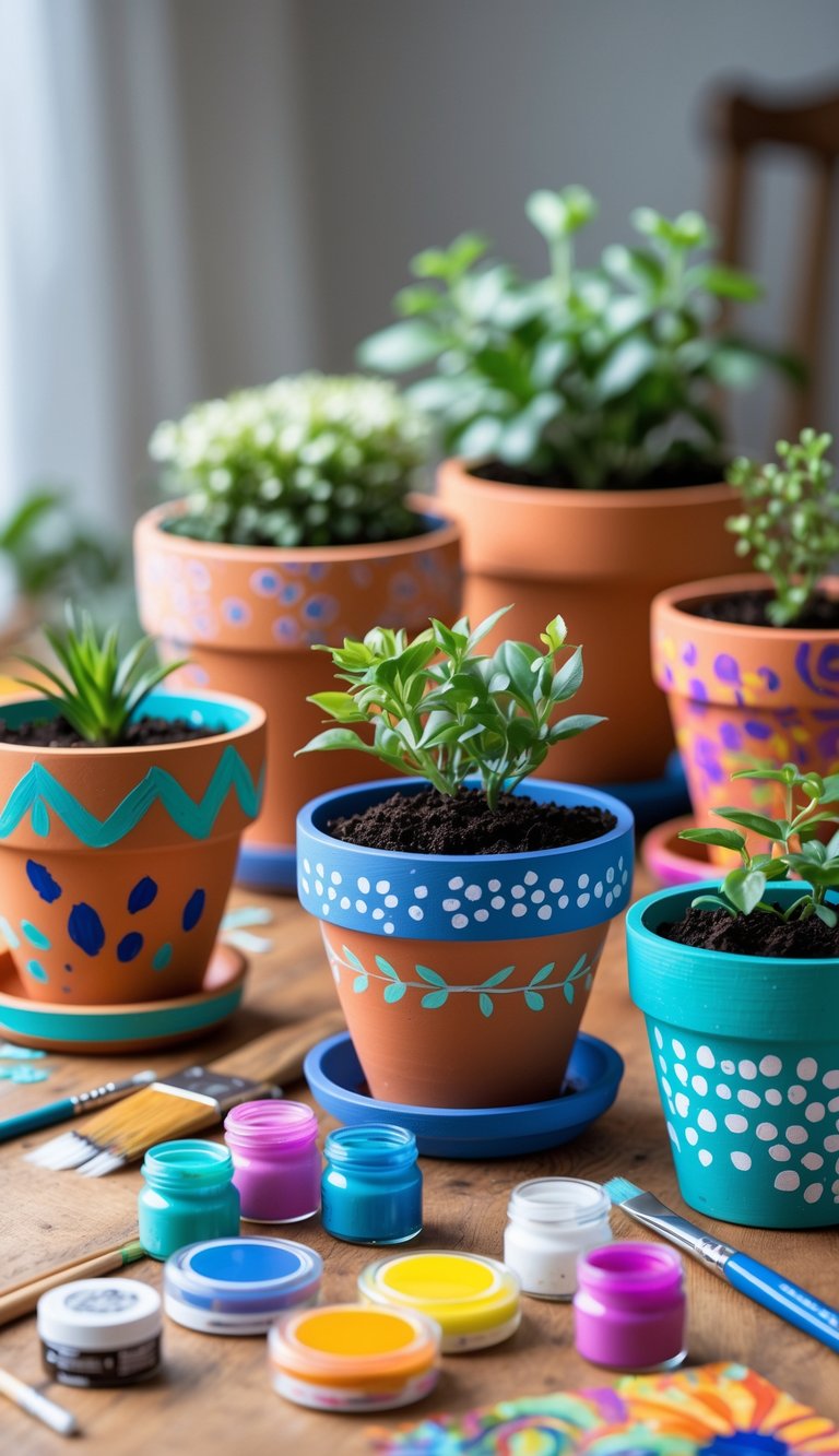 Several painted terra cotta pots with colorful designs arranged on a wooden table with paintbrushes and craft supplies nearby.