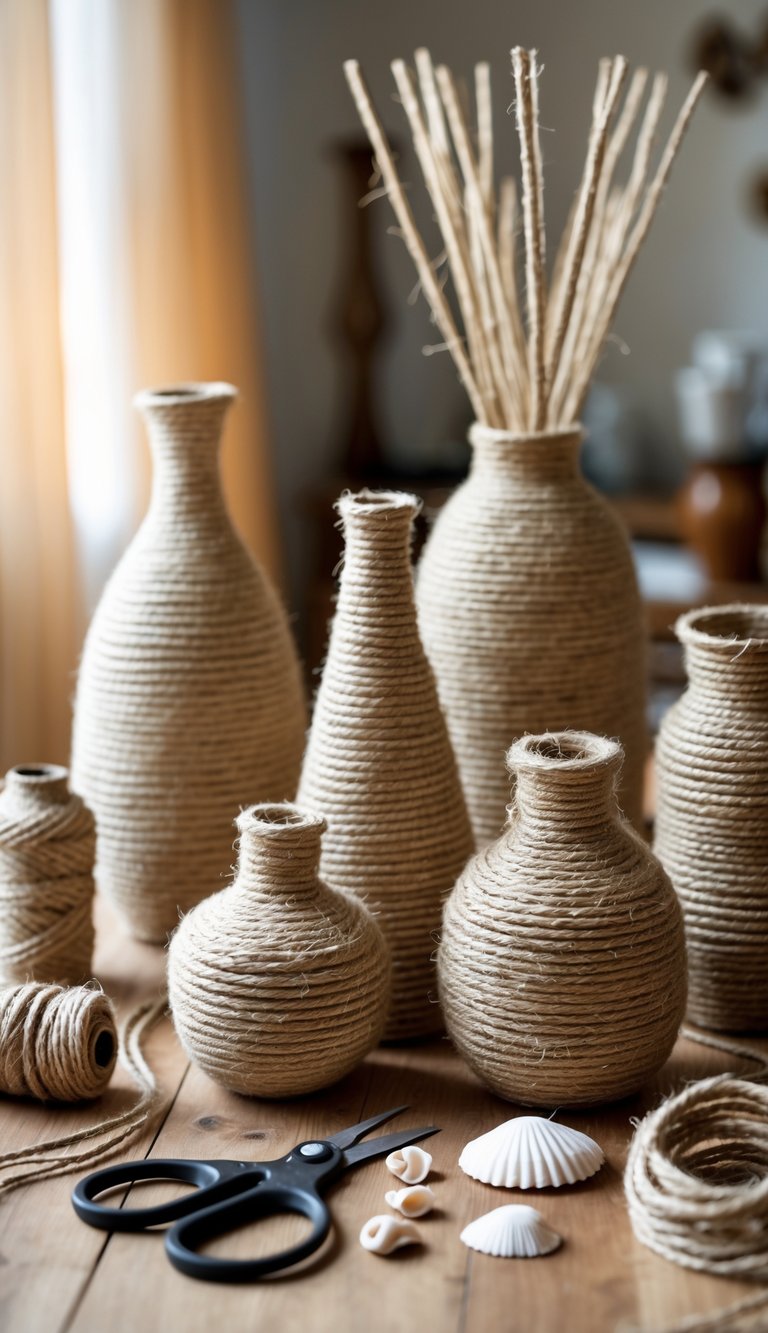 A collection of decorative vases wrapped in rope displayed on a wooden table with crafting supplies nearby.