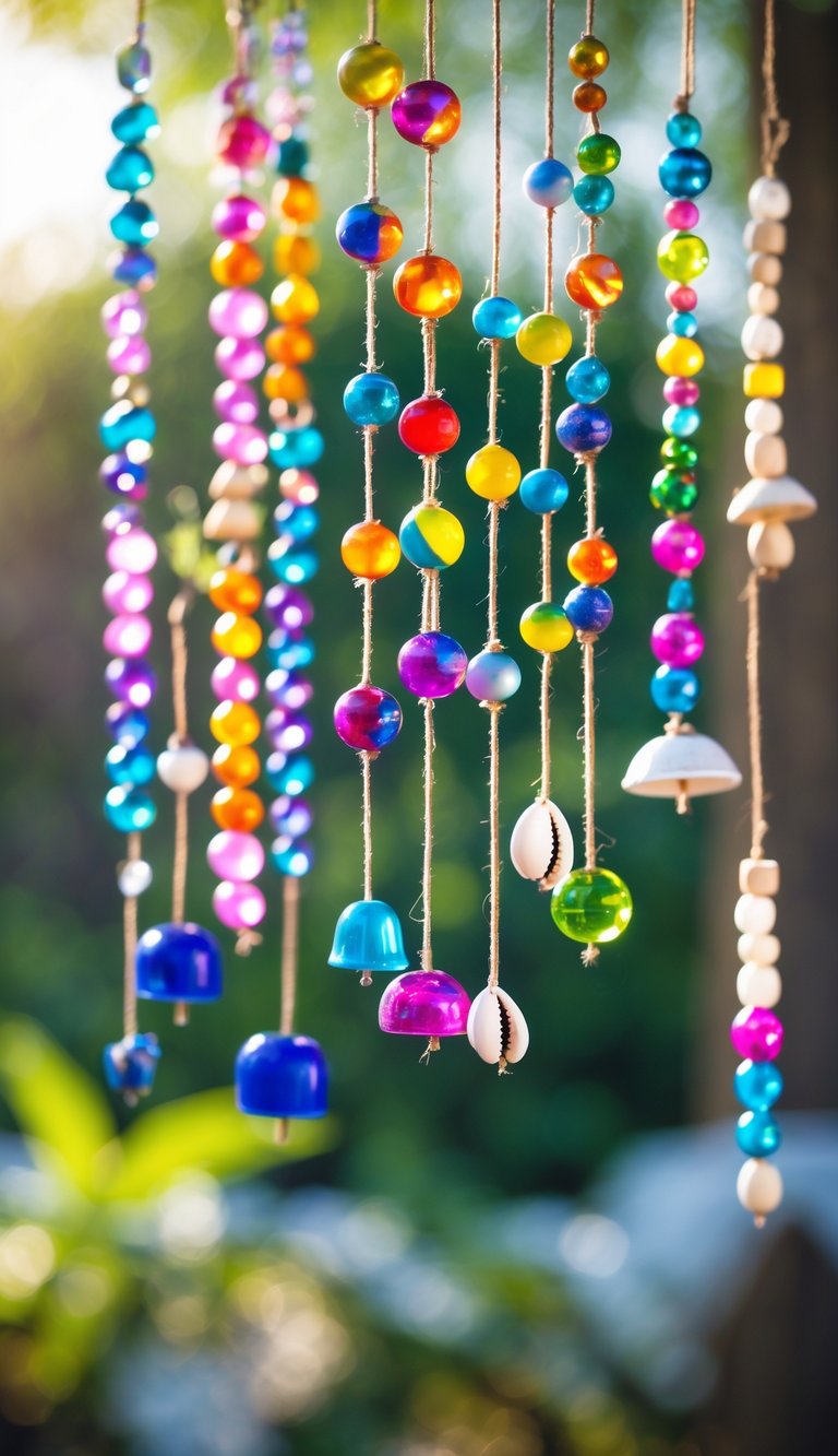 Several colorful beaded wind chimes hanging outdoors with greenery in the background.