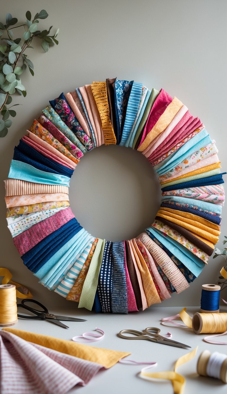 A colorful fabric scrap wreath made from various patterned fabric pieces displayed on a neutral background with crafting supplies nearby.