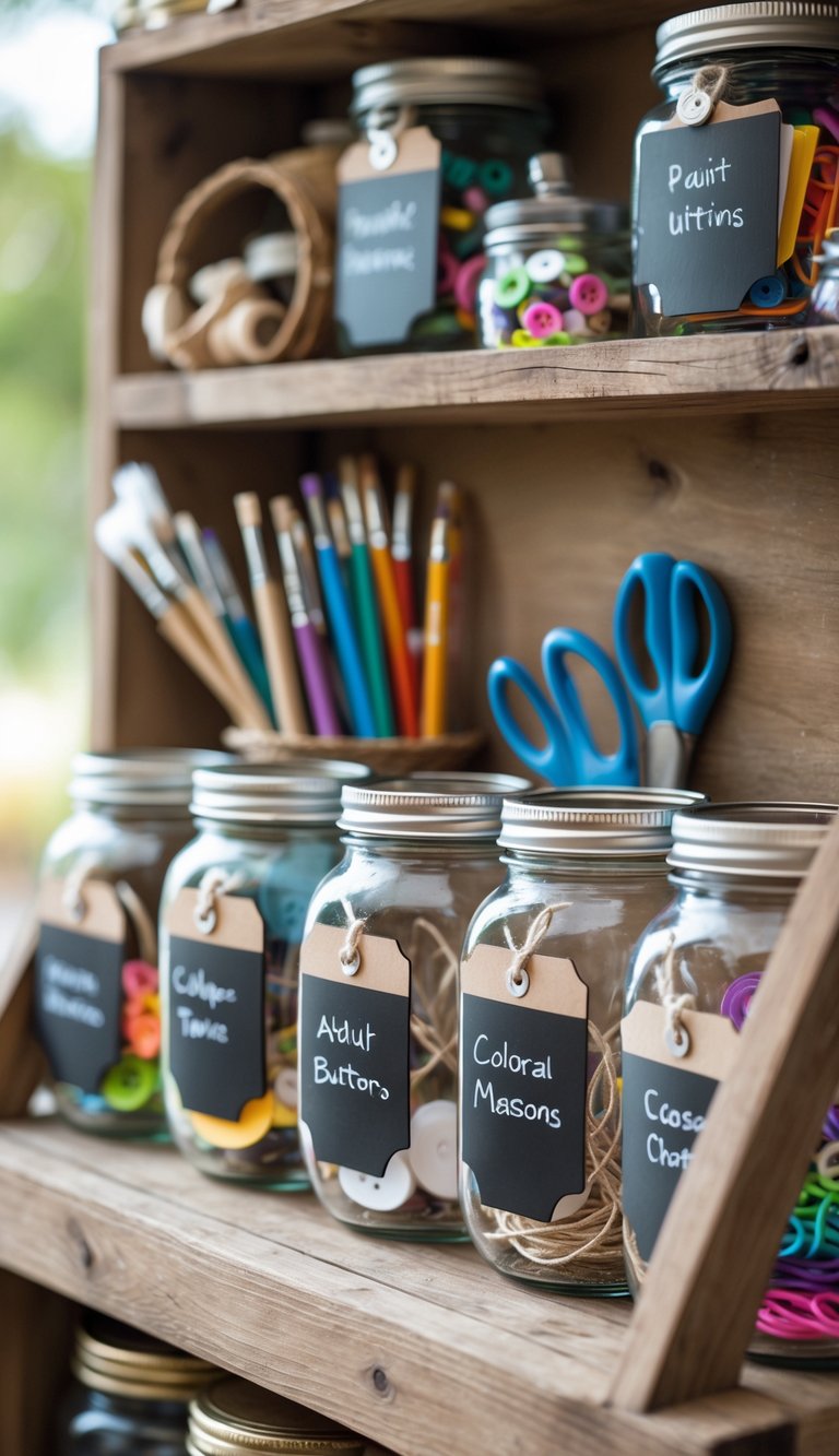 A wooden organizer holding several glass mason jars filled with craft supplies like paintbrushes, colored pencils, scissors, and ribbons.