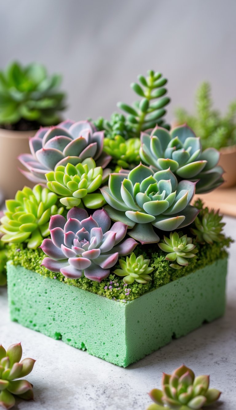 A colorful succulent arrangement planted in floral foam with various green and purple succulents.