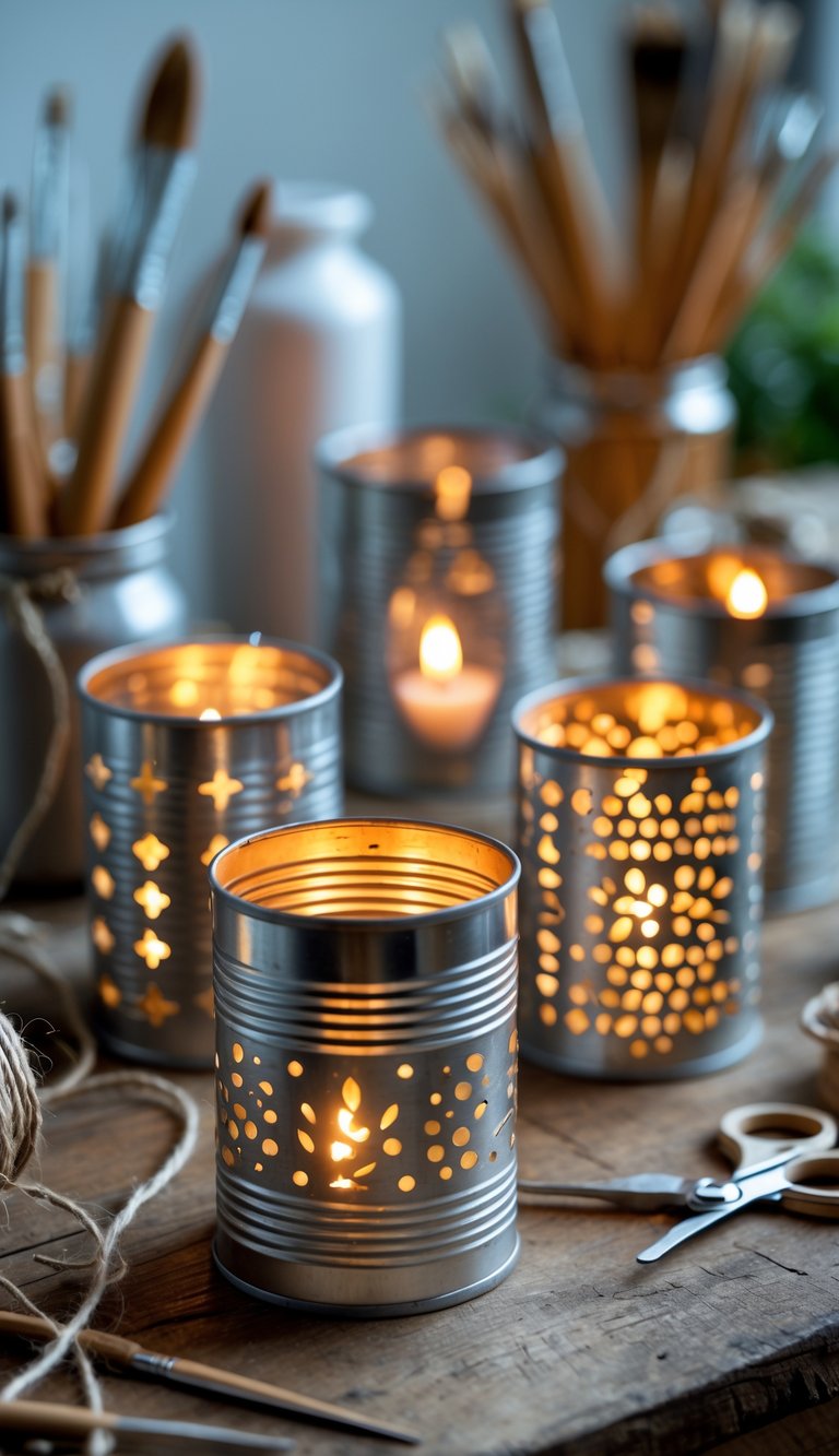Several tin can lanterns with candlelight glowing through punched patterns arranged on a wooden table with craft supplies around them.
