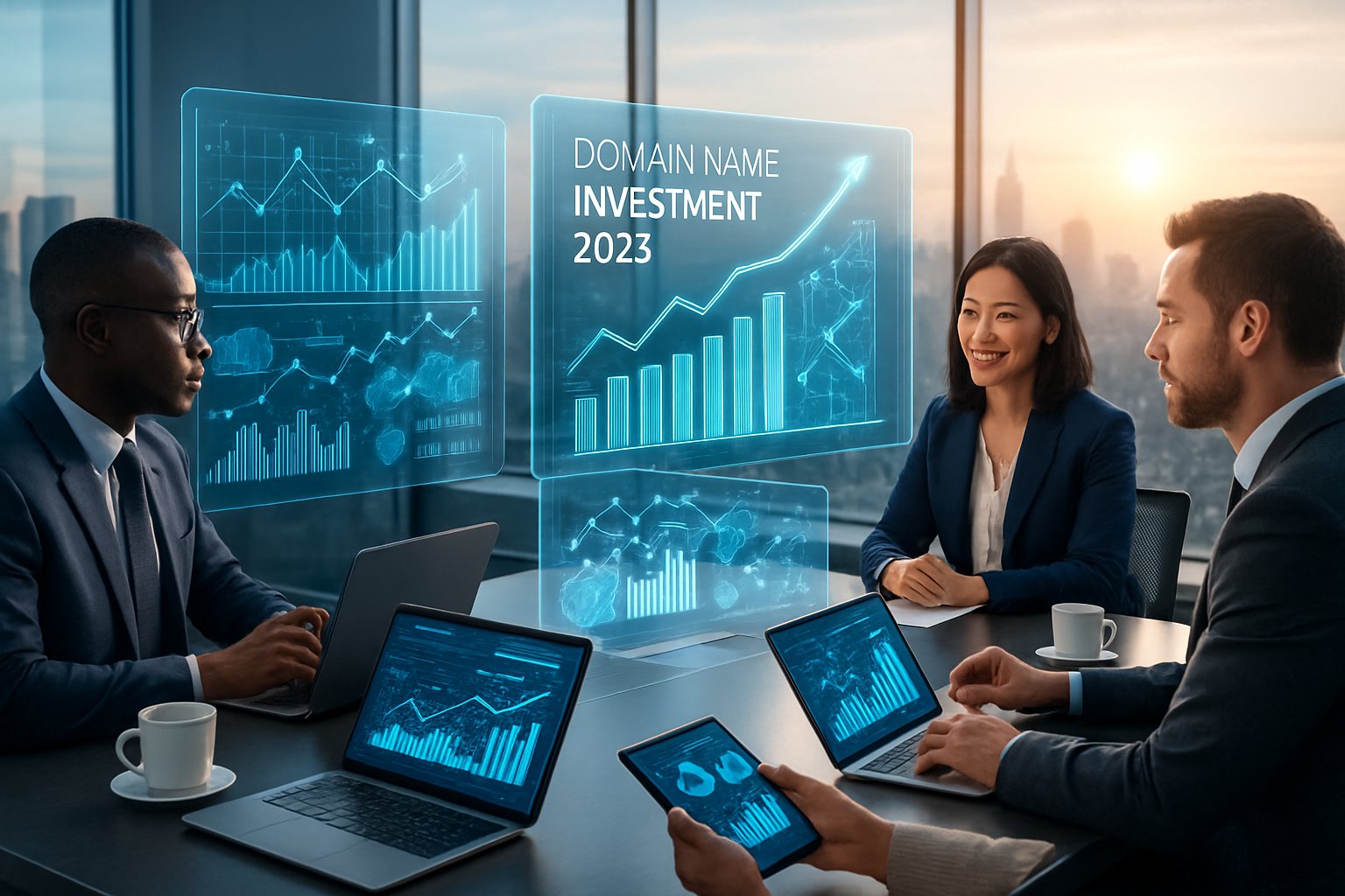 A group of business professionals meeting around a table with digital devices and holographic charts in a bright office overlooking a city skyline at sunrise.